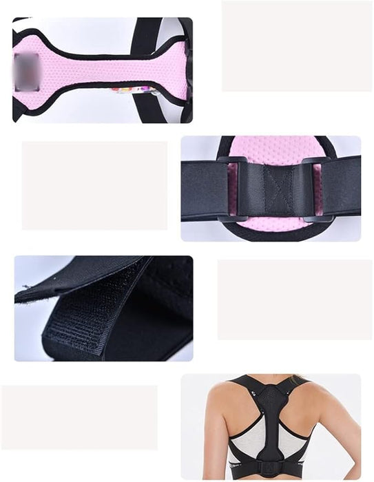 Collage of a black and pink back brace with close-up details on a white background.