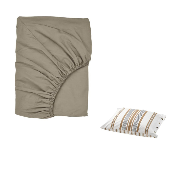 IKEA ULLVIDE Fitted Sheet with Pillowcase Set, Grey-Beige Sheet 90x200 cm & White/Brown Striped Pillowcase 50x80 cm