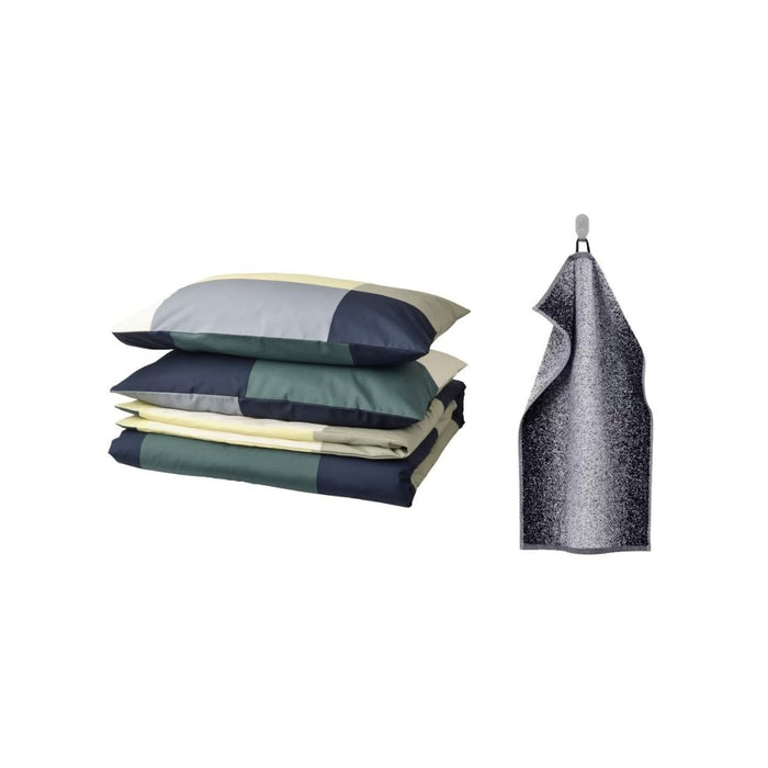 IKEA BRUNKRISSLA Duvet Cover and Pillowcase Green/Multicolour 150x200cm with Hand Towel, White/Dark Blue, 40x70 cm