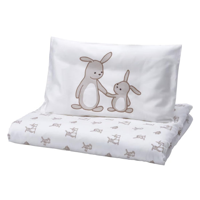 Ikea LEN Baby Cot Duvet Cover, Pillowcase and Knit Blanket Set, Bunny Print, Organic Cotton, 110x125 cm with Dark Yellow Blanket, 70x90 cm
