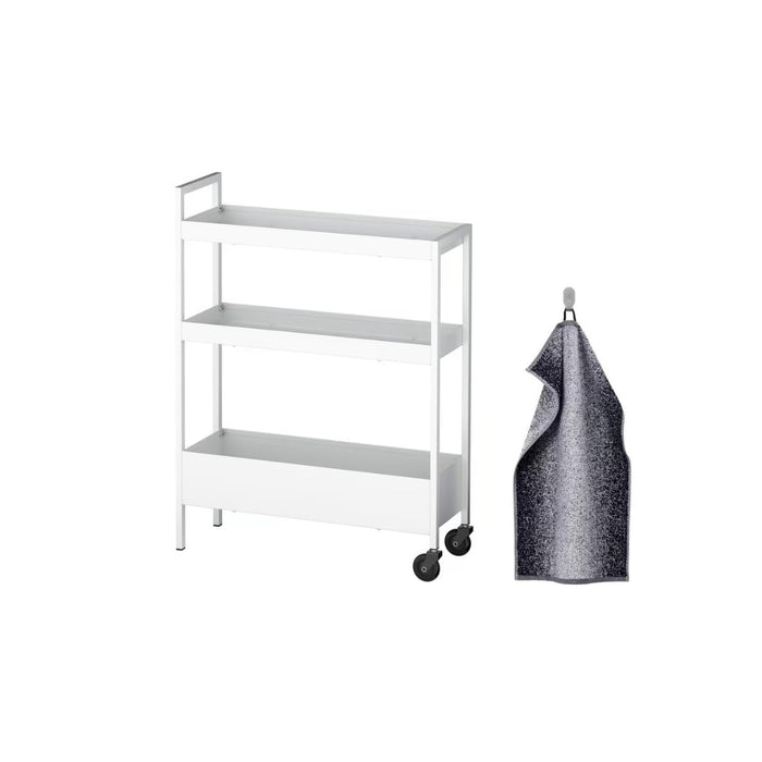Ikea NISSAFORS Trolley 50.5x19x67 cm (19 7/8x7 1/2x26 3/8 ") with NYCKELN Hand Towel, White/Dark Blue, 40x70 cm