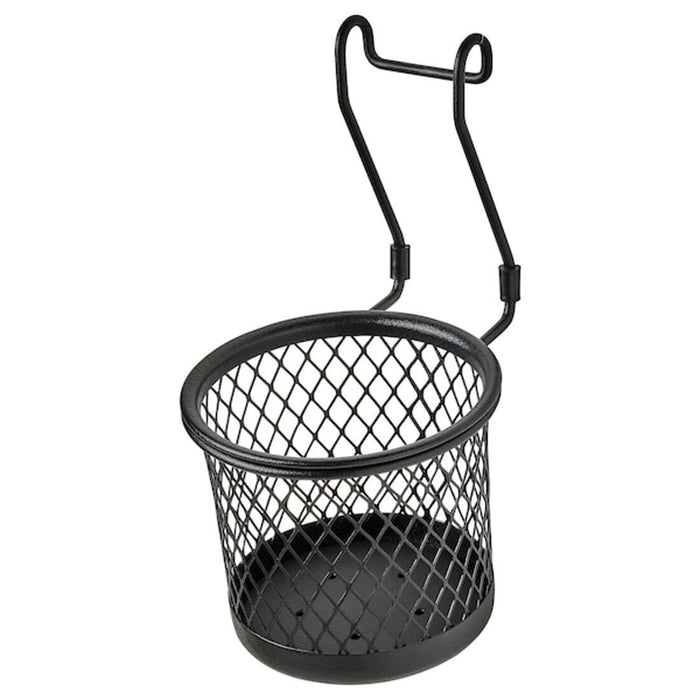 Black metal bike basket with handle on a white background