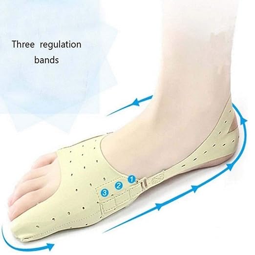 A woman's foot displaying three regulation bands and a super-thin, breathable big toe orthodontic appliance for comfort.  3851421239038