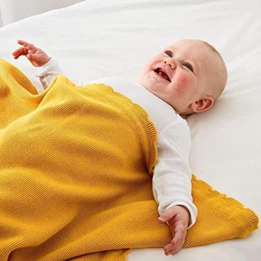 Ikea LEN Baby Cot Duvet Cover, Pillowcase and Knit Blanket Set, Bunny Print, Organic Cotton, 110x125 cm with Dark Yellow Blanket, 70x90 cm