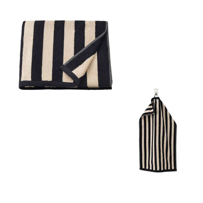 IKEA SLÅNHÖSTMAL Bath Towel(70X140 CM) and Hand Towel Black/Light Beige Striped(40X70 CM)