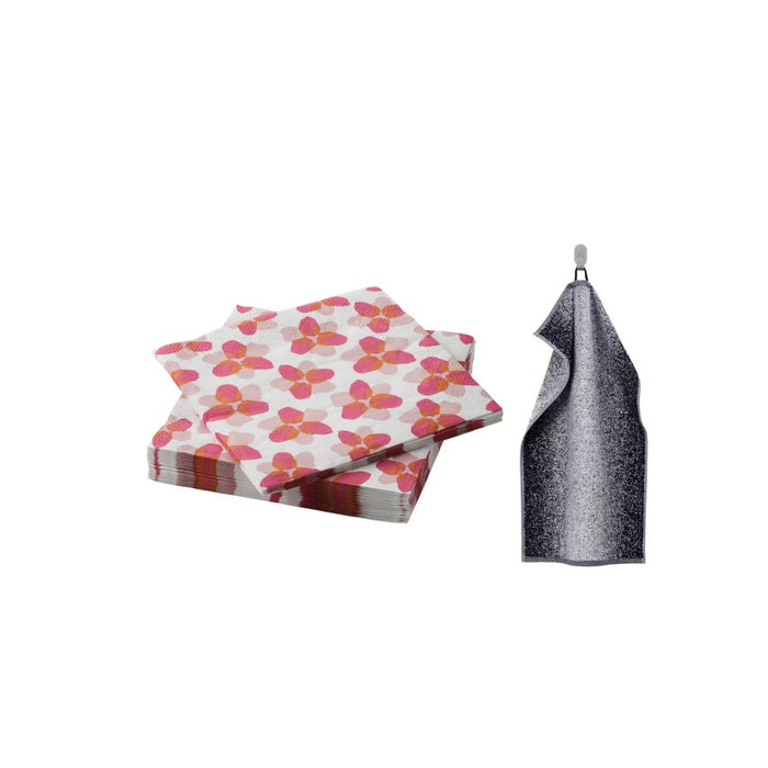 IKEA TOFSAND Paper Napkins Pink Floral 33x33cm Pack of 30 with Hand Towel, white/dark blue, 40x70 cm (16x28 ")
