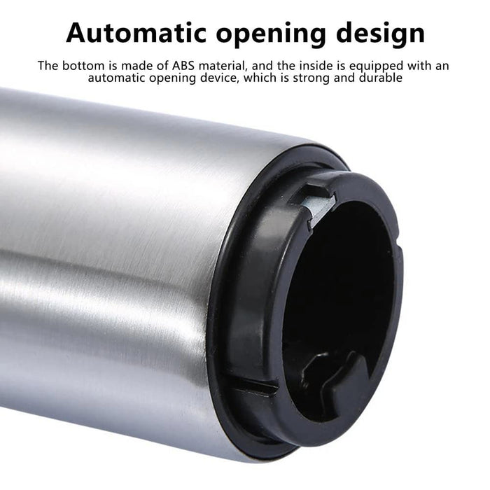 Close-up of a metallic and black component with text about automatic opening design.