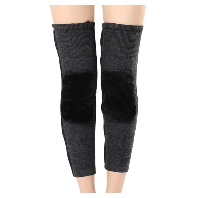 Dark gray leg warmers with black patches on a white background