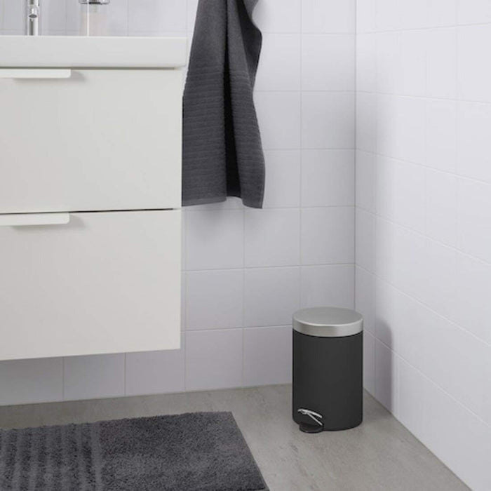n image of the waste bin in a bathroom setting: "Functional and Aesthetically Pleasing Waste Bin for Bathrooms - IKEA Dark Grey - 3L (1 Gallon). 00493912