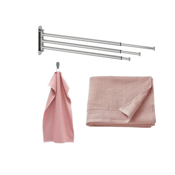 Towel rack with pink towels on a white background