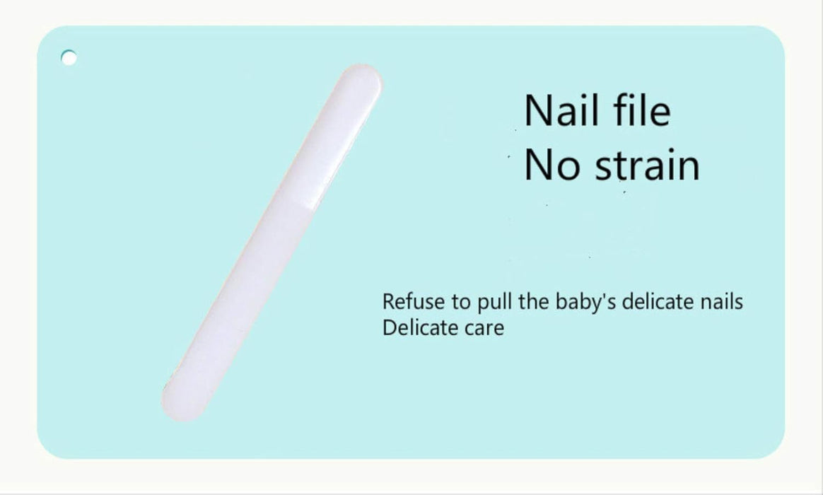 White nail file on a light blue background with text about baby nail care.