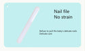 White nail file on a light blue background with text about baby nail care.