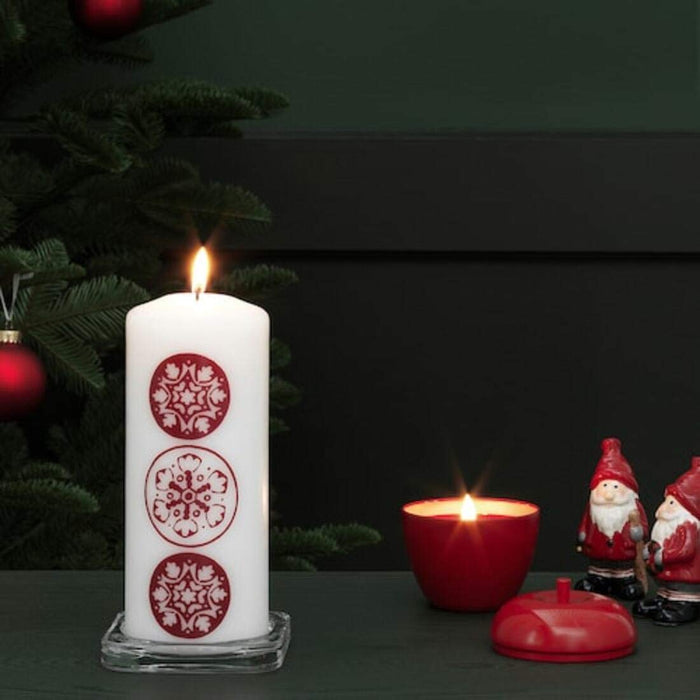 IKEA Unscented block candle, snowflake pattern white/red with Block candle holder 27 cm