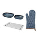 Set of blue ceramic bowls, metal grill rack, and blue oven mitt on a white background