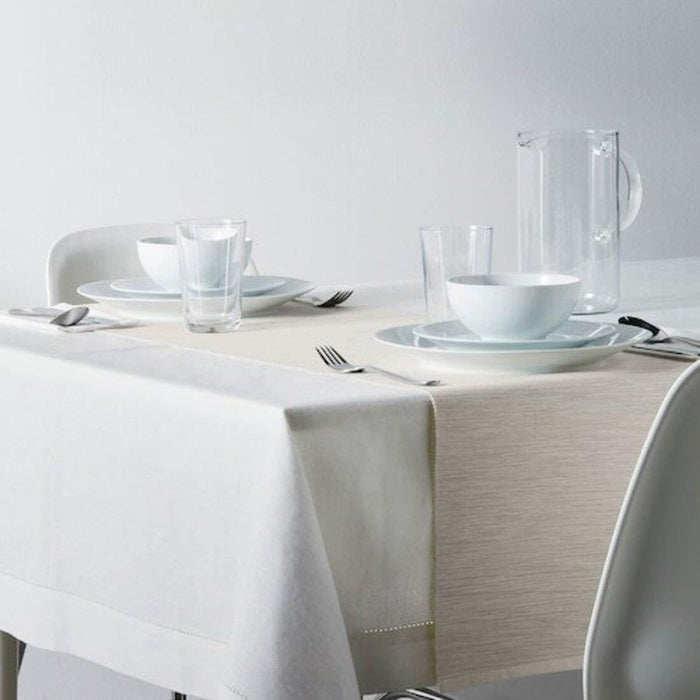 IKEA MÄRIT Table-runner, natural, 35x130 cm with FÄRGKLAR Plate, glossy beige, 30x18 cm and  FÄRGKLAR Mug, Glossy Beige, 37 cl pack of 1