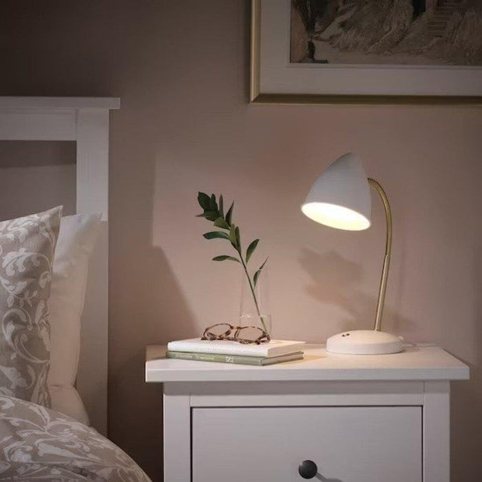 IKEA LED work lamp, white/brass-colour with Side table, white35x35 cm (13 3/4x13 3/4 ")
