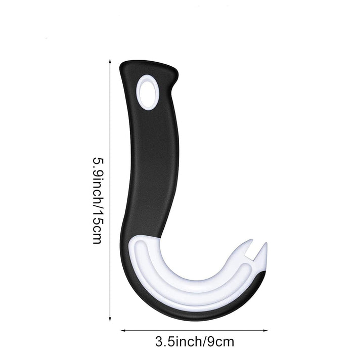 Black and white hook tool with measurements on a white background