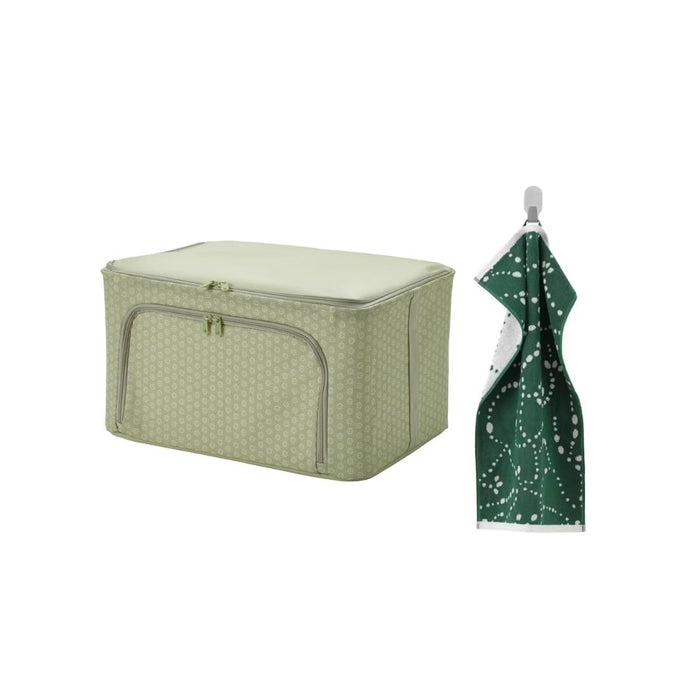 IKEA HEMMAFIXARE Storage case, flower/pale grey-green, 34x51x28 cm (13 ½x20x11) with AROMATISK Hand towel, green, 40x70 cm (16x28)