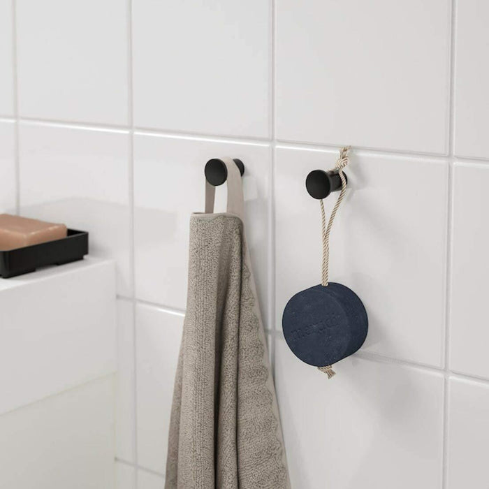 IKEA Bathroom Accessories Set, Black Wall Hooks, Bath Mat Dark Grey-Blue, 50x80 cm, Grey Hand Towels, 5-Piece Collection