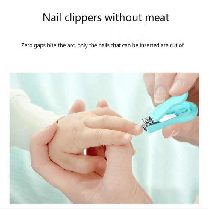 Nail clippers being used on a child's nail with a clear background