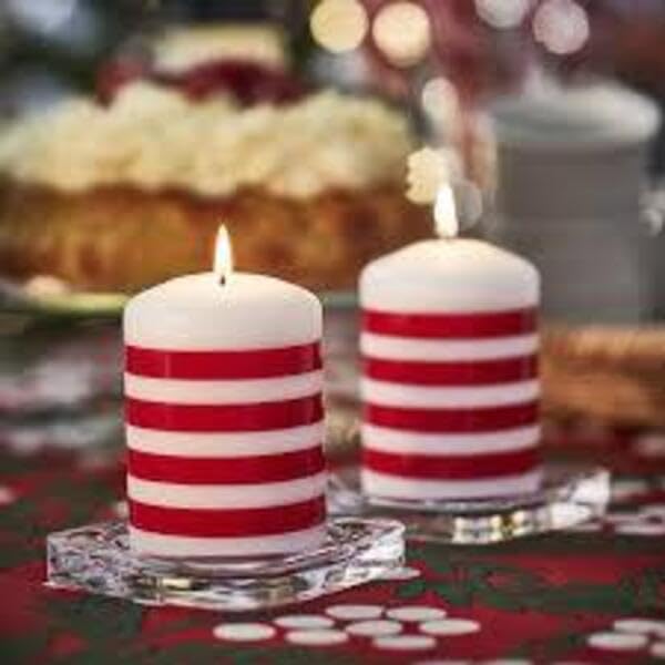 IKEA Unscented pillar candle - stripe pattern red/white 10 cm with Candle dish, off-white, 45x17 cm