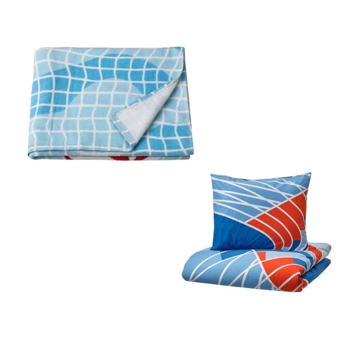 IKEA SPORTSLIG Bath towel, swimming pool pattern, 70x140 cm with  Duvet cover and pillowcase, running track 150x200/50x80 cm