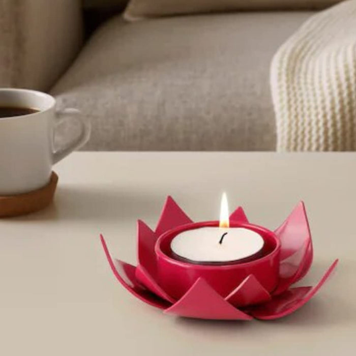 Ikea Unscented pillar candle, set of 5, red with Block candle holder, dark pink Lotus, 40 mm (2 ")