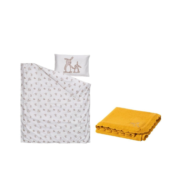 Ikea LEN Baby Cot Duvet Cover, Pillowcase and Knit Blanket Set, Bunny Print, Organic Cotton, 110x125 cm with Dark Yellow Blanket, 70x90 cm
