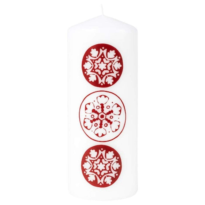 IKEA Unscented block candle, snowflake pattern white/red with Block candle holder 27 cm