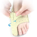 "Beige orthopedic big toe correction device with breathable perforations and an adjustable strap. Designed for bunion relief and toe alignment support, with a blue directional indicator for securing the fit.- 3851421239038
