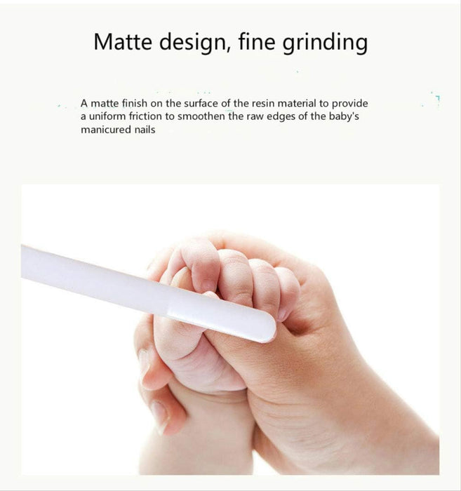 Baby hand holding a white nail file with text about matte design and fine grinding.