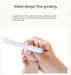 Baby hand holding a white nail file with text about matte design and fine grinding.
