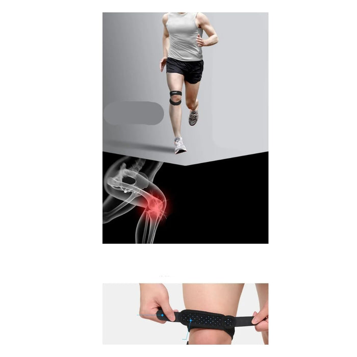 Person running with a knee brace, X-ray of knee showing injury, and person holding a knee brace.