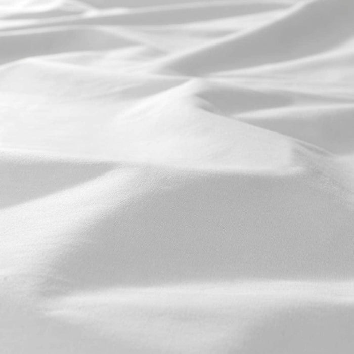 Folded white IKEA ULLVIDE fitted sheet showing the high-quality elasticated corners for a secure mattress fit.