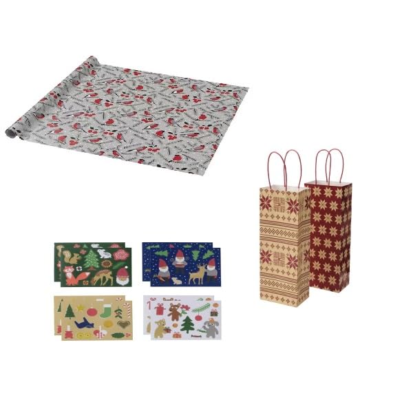 IKEA VINTER Gift Wrapping Roll with Gift Bags (2 pack) with Stickers, Christmas pattern multicolor (8 pieces)