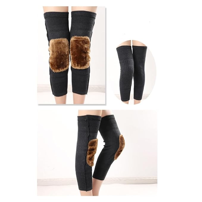 Black knee pads with brown fur patches on a white background