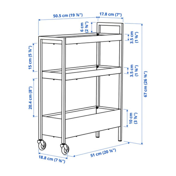 Ikea NISSAFORS Trolley 50.5x19x67 cm (19 7/8x7 1/2x26 3/8 ") with NYCKELN Hand Towel, White/Dark Blue, 40x70 cm