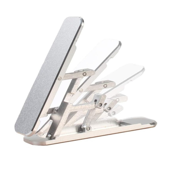 A sleek, adjustable foldable tablet support stand made of durable aluminum alloy, featuring a steady kickstand, anti-slip base, and multi-angle adjustability. Ideal for gaming, work, and video viewing with universal device compatibility."