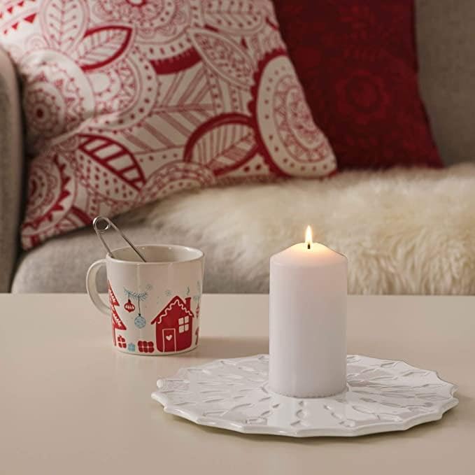 IKEA Unscented block candle, snowflake pattern white/red with Block candle holder 27 cm