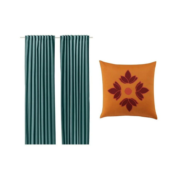 Ikea SANELA Curtains Dark Grey-Turquoise 140x250 cm with Cushion, 40x40 cm