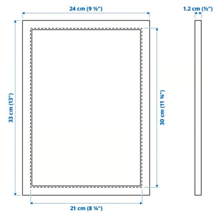 Dimension diagram of IKEA FISKBO frame in light grey-green, 21x30 cm (8 ¼x11 ¾"); outer size 24x33 cm (9 ½x13") with 1.2 cm (½") thickness – shows inner and outer measurements for accurate fitting and wall placement - 10584916
