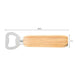 Bottle opener with wooden handle and measurements on a white background