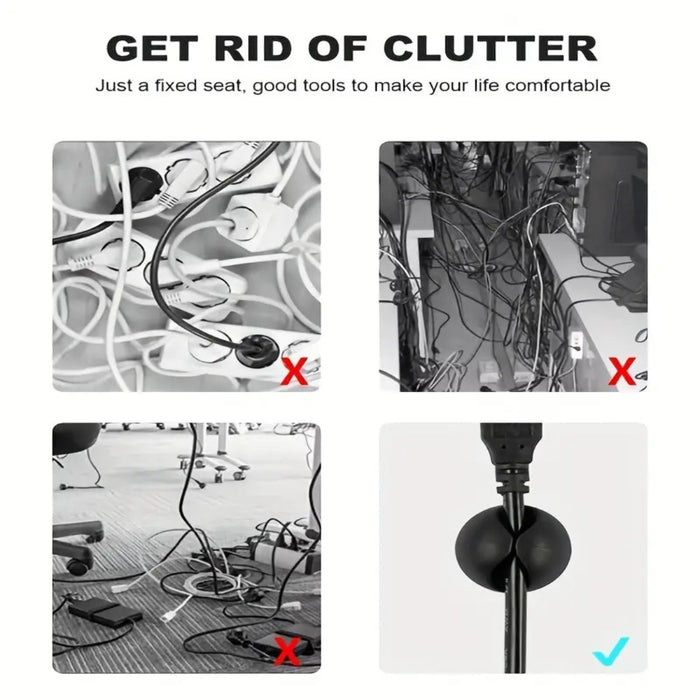Cable Organizer Clips – 5pcs Black TPR, Single-Hole Buckle Design, clutter vs organized cable setup comparison graphic