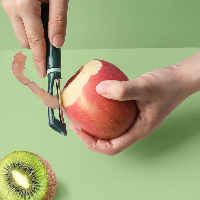 Compact vegetable peeler and slicer kitchen accessory for quick and efficient cooking prep.