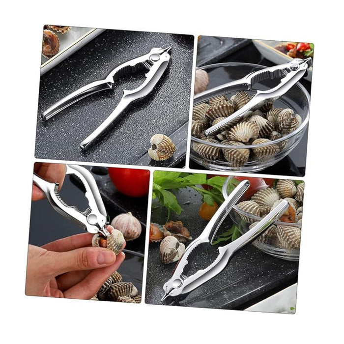 Collage of a shell cracker being used with clams and garlic on a kitchen counter.