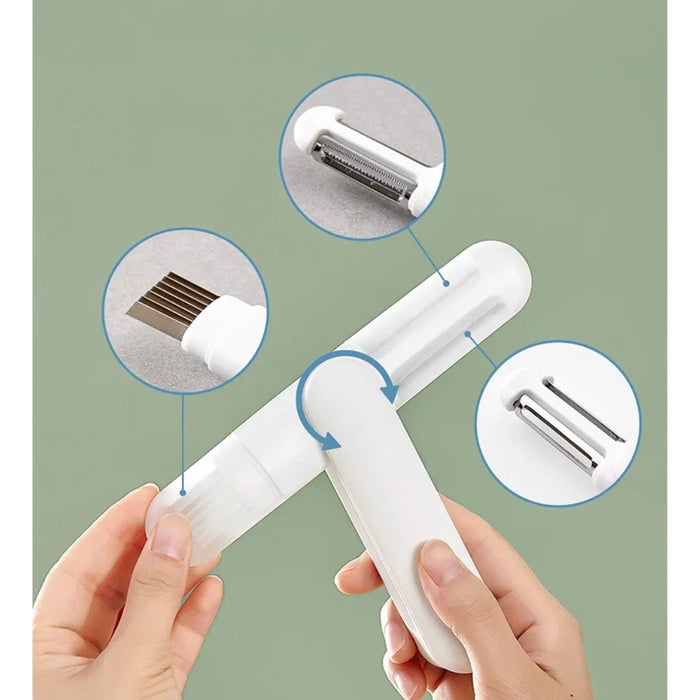 White kitchen tool with detachable parts held by hands against a green background