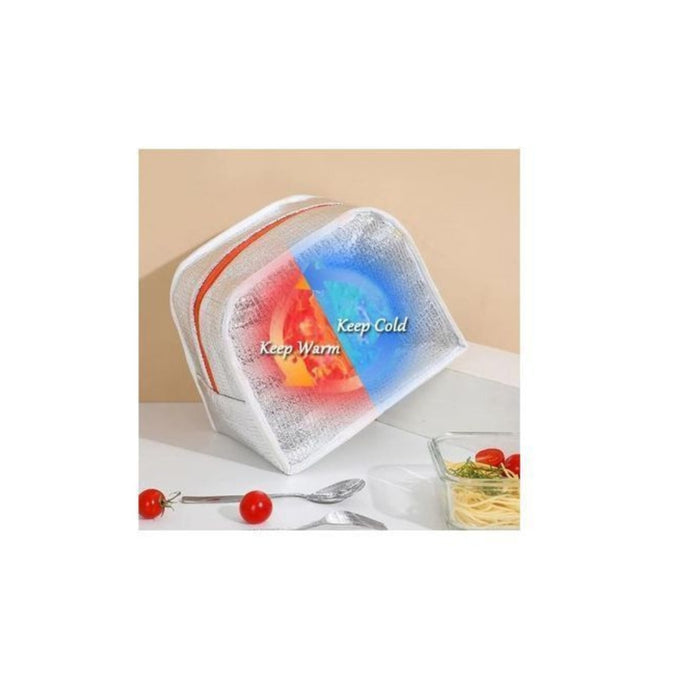 Insulated lunch bag with temperature display on a beige background