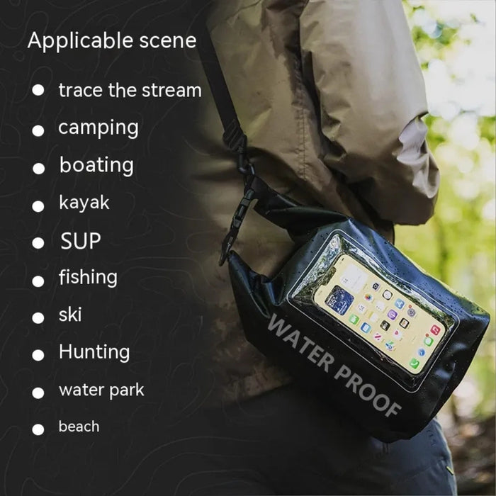 Person wearing a waterproof phone case with outdoor activities listed on a black background