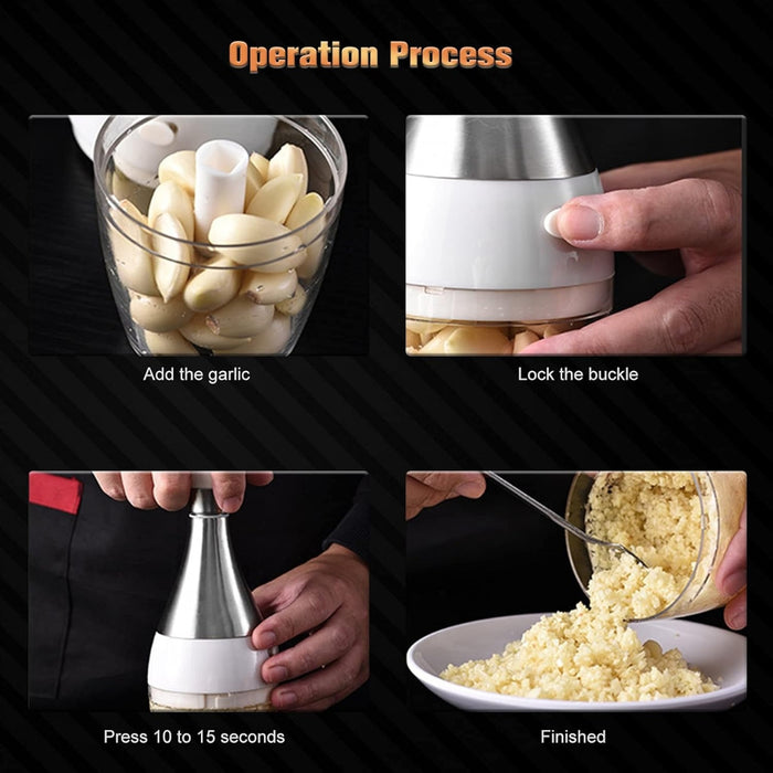 Step-by-step operation process: adding garlic, locking the buckle, pressing for 10-15 seconds, and the finished minced result.