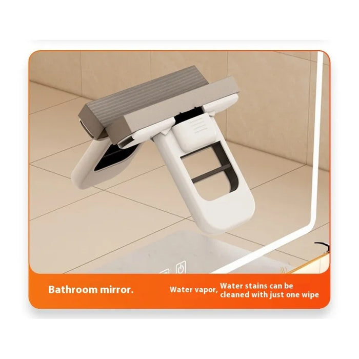 Bathroom mirror with a cleaning tool on a tiled floor